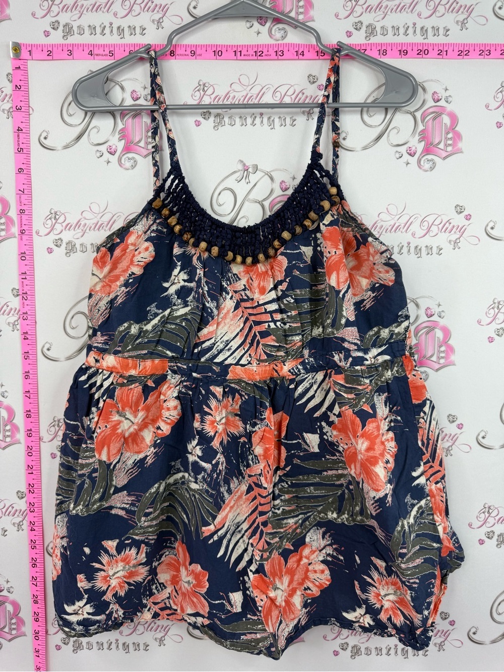 AE sport tank top Navy Floral Beaded Trim Spaghetti Strap Tank